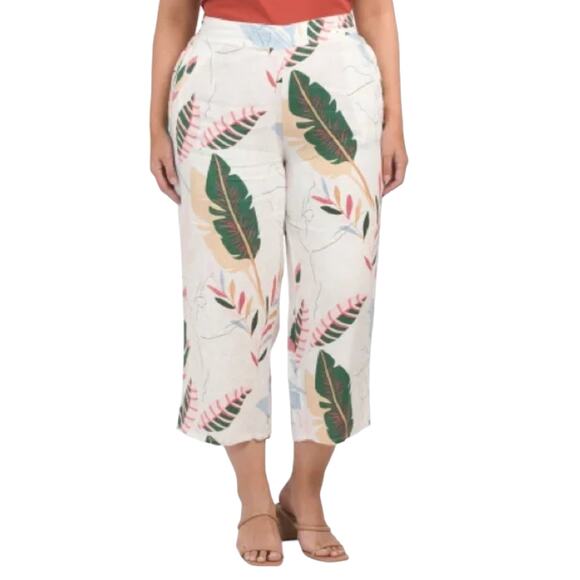 Cynthia Rowley High Rise Linen Tropical Print Wide Leg Pants - Picture 1 of 12